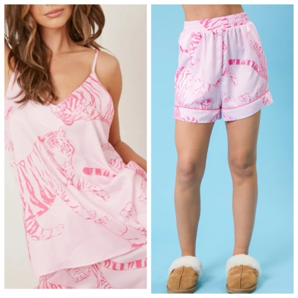 Peach Love California Fashion V Neck Tiger Cheetah Print Sling Home Pajamas Set - Picture 2 of 15